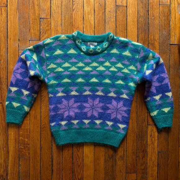 Vintage 90s Gallagher Pullover Crewneck Knit Sweater Women Medium Green‎ Yellow - Picture 1 of 7